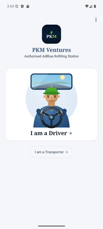 PKM Ventures app welcome screen for drivers and transporters